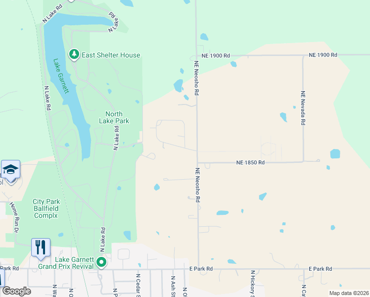 map of restaurants, bars, coffee shops, grocery stores, and more near 2 Links Drive in Garnett
