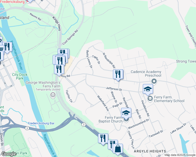 map of restaurants, bars, coffee shops, grocery stores, and more near 471 Ferry Road in Fredericksburg