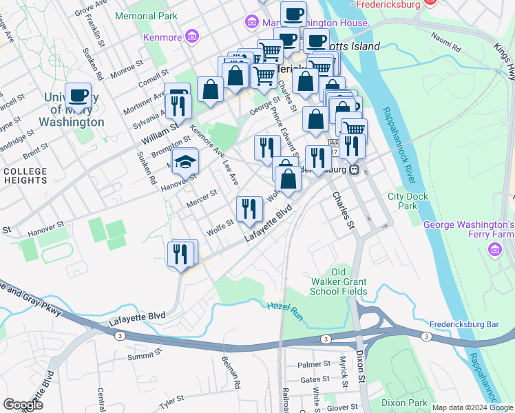 map of restaurants, bars, coffee shops, grocery stores, and more near 625 Wolfe Street in Fredericksburg