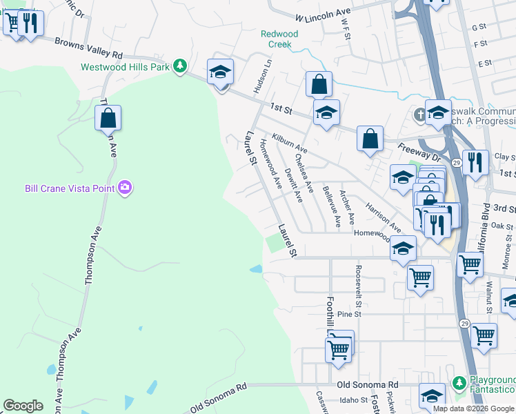map of restaurants, bars, coffee shops, grocery stores, and more near 114 Heun Lane in Napa