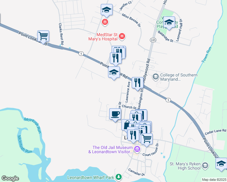 map of restaurants, bars, coffee shops, grocery stores, and more near 22885 Duke Street in Leonardtown