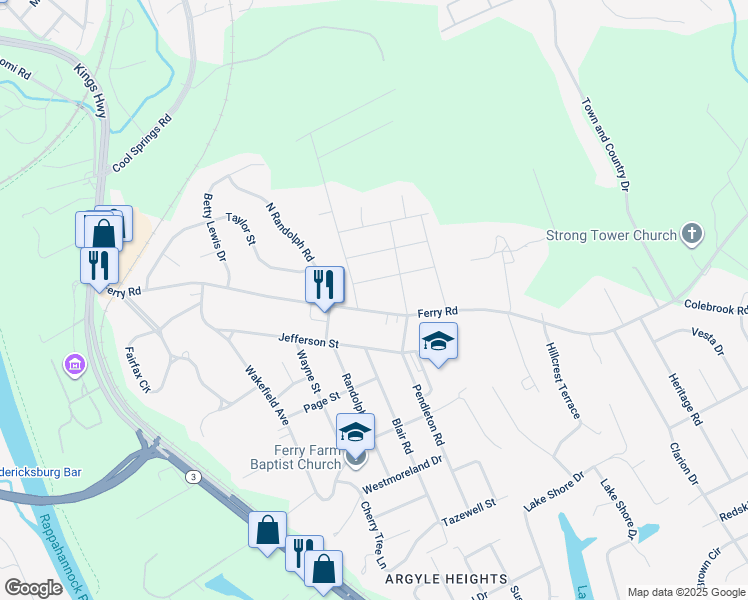 map of restaurants, bars, coffee shops, grocery stores, and more near 414 Ferry Road in Fredericksburg