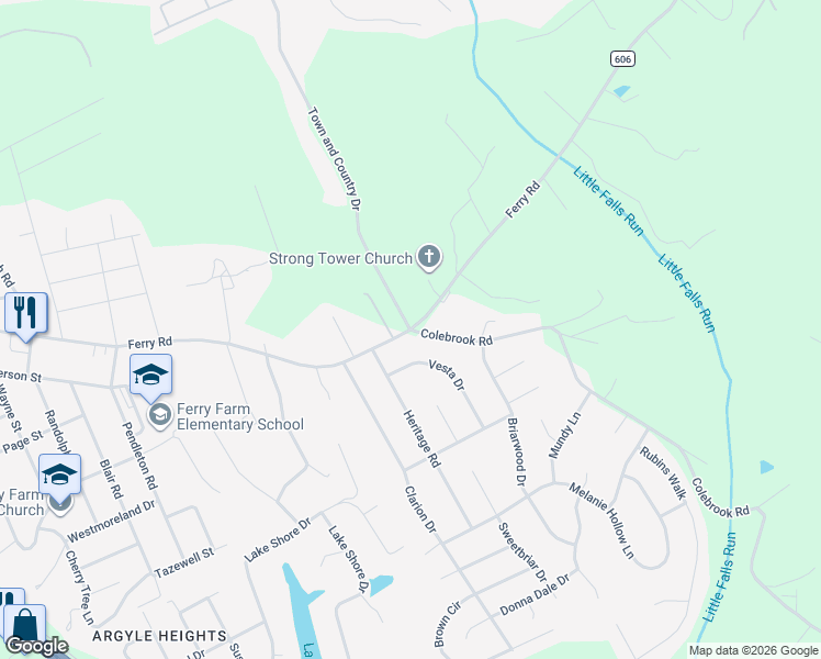 map of restaurants, bars, coffee shops, grocery stores, and more near 0 Colebrook Road in Fredericksburg