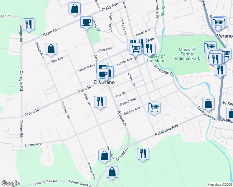 map of restaurants, bars, coffee shops, grocery stores, and more near 945 Oak Street in Sonoma