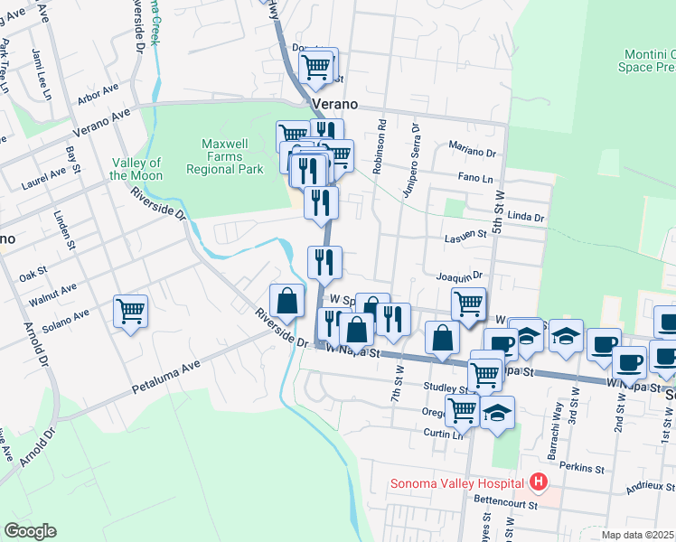 map of restaurants, bars, coffee shops, grocery stores, and more near 904 Lyon Street in Sonoma