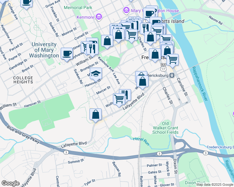 map of restaurants, bars, coffee shops, grocery stores, and more near 708 Charlotte Street in Fredericksburg