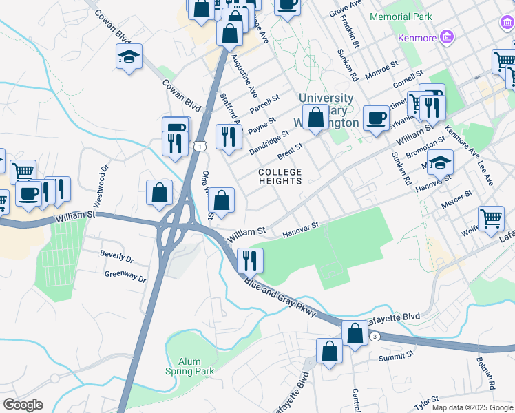 map of restaurants, bars, coffee shops, grocery stores, and more near 1425 Buckner Street in Fredericksburg