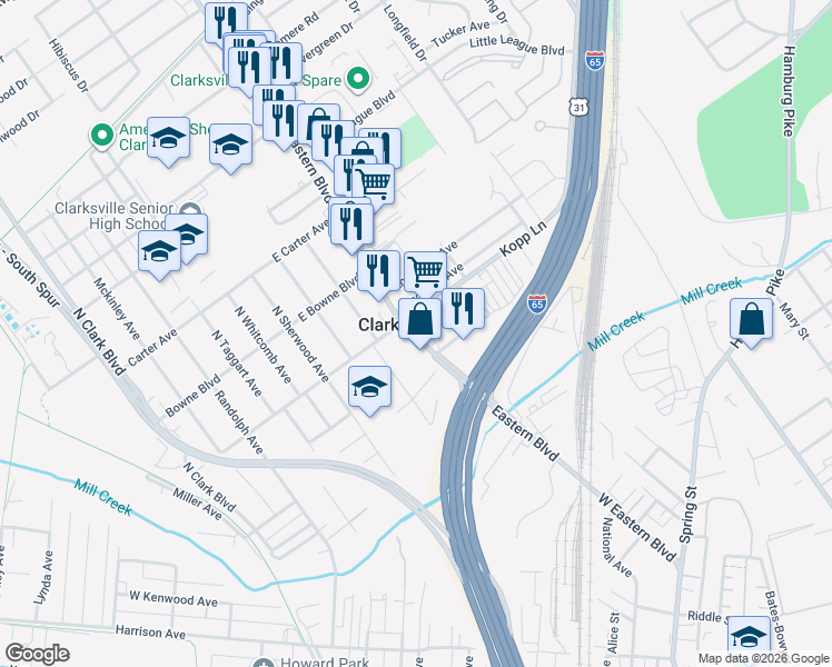 map of restaurants, bars, coffee shops, grocery stores, and more near  in Clarksville