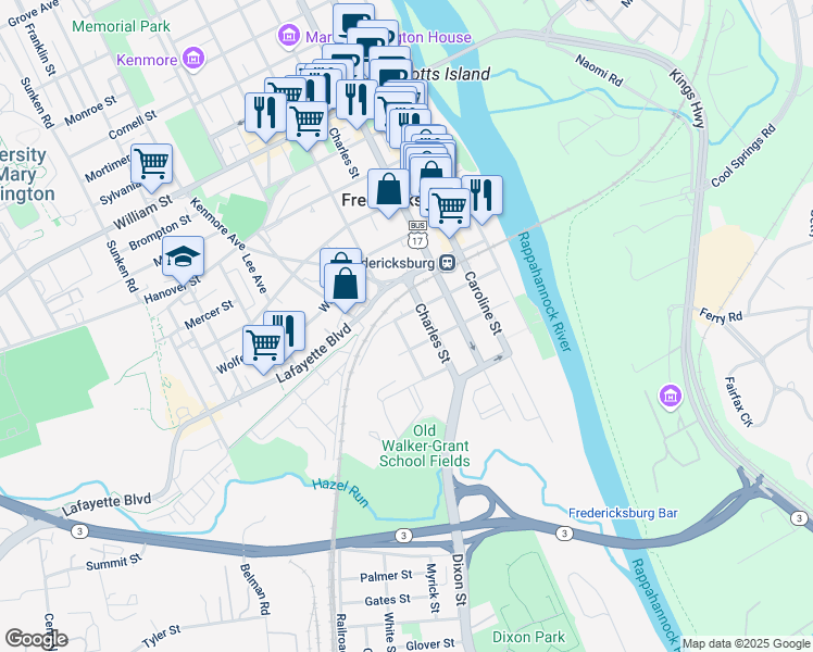 map of restaurants, bars, coffee shops, grocery stores, and more near 313 Prince Edward Street in Fredericksburg