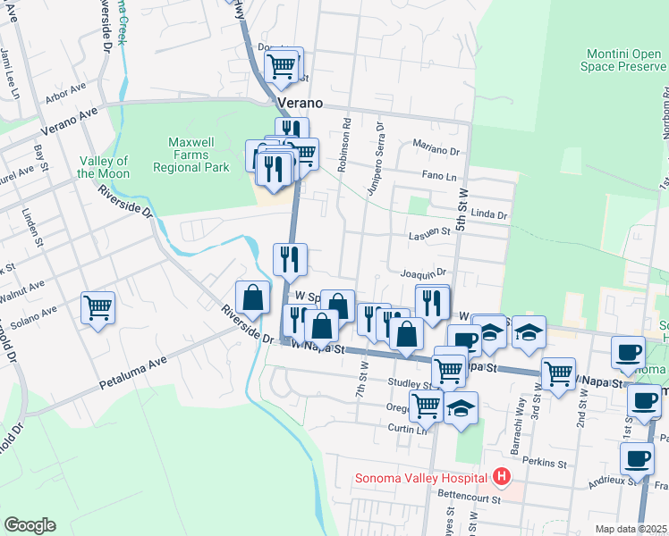 map of restaurants, bars, coffee shops, grocery stores, and more near 19329 Robinson Road in Sonoma