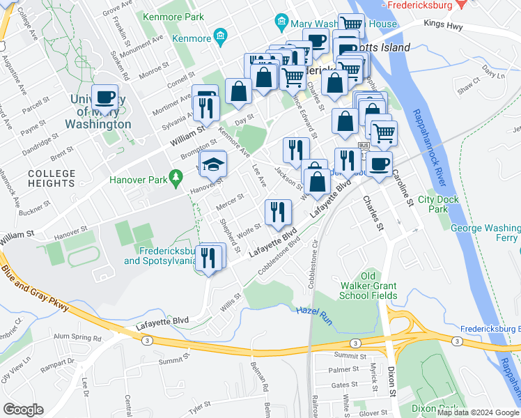 map of restaurants, bars, coffee shops, grocery stores, and more near 708 Charlotte Street in Fredericksburg
