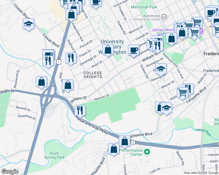 map of restaurants, bars, coffee shops, grocery stores, and more near 816 Bright Street in Fredericksburg