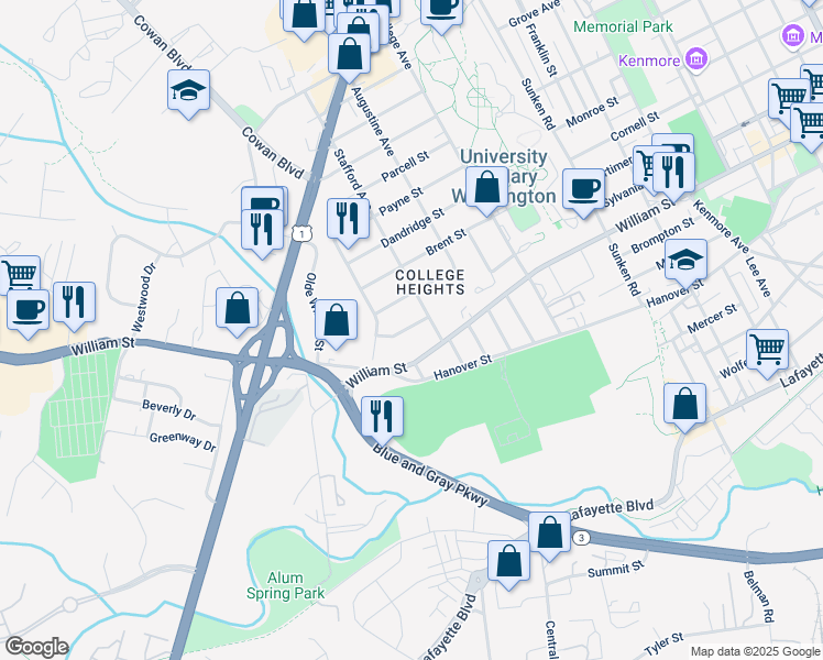 map of restaurants, bars, coffee shops, grocery stores, and more near 1418 Buckner Street in Fredericksburg