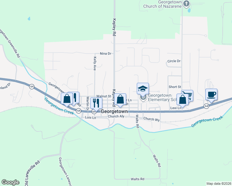 map of restaurants, bars, coffee shops, grocery stores, and more near 1720 Kepley Road in Georgetown