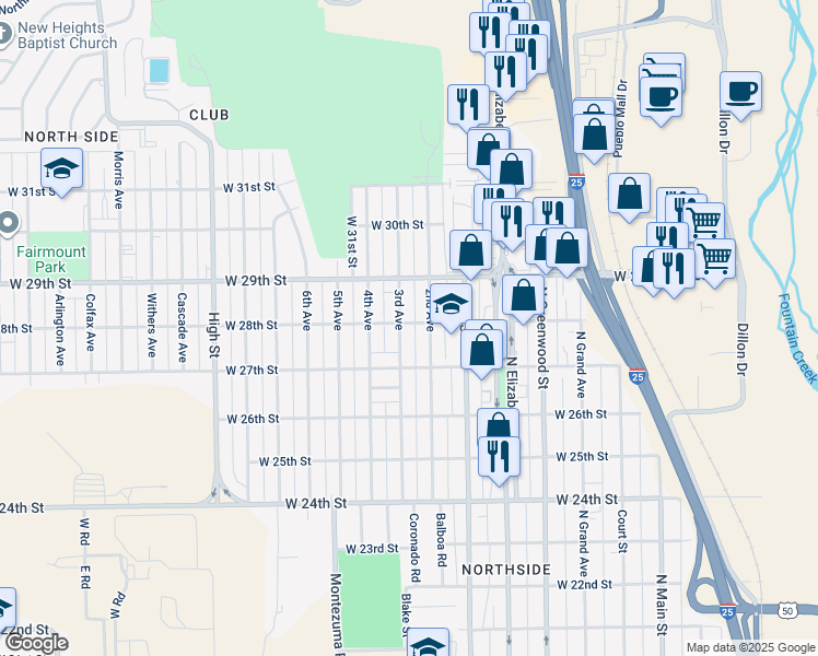 map of restaurants, bars, coffee shops, grocery stores, and more near 2732 3rd Ave in Pueblo