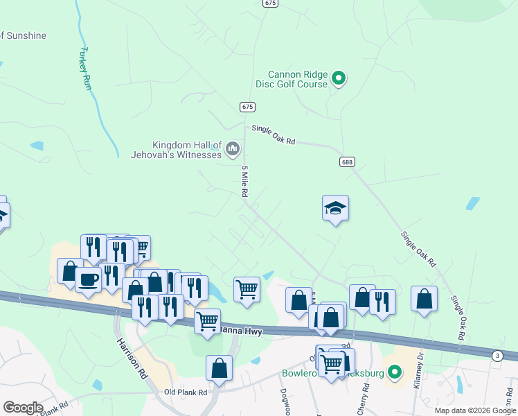 map of restaurants, bars, coffee shops, grocery stores, and more near 12423 5 Mile Road in Fredericksburg