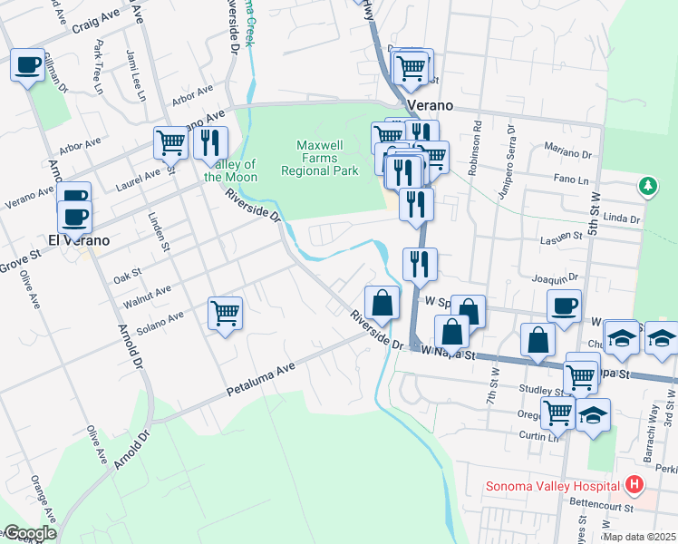 map of restaurants, bars, coffee shops, grocery stores, and more near 210 Tuscany Place in Sonoma