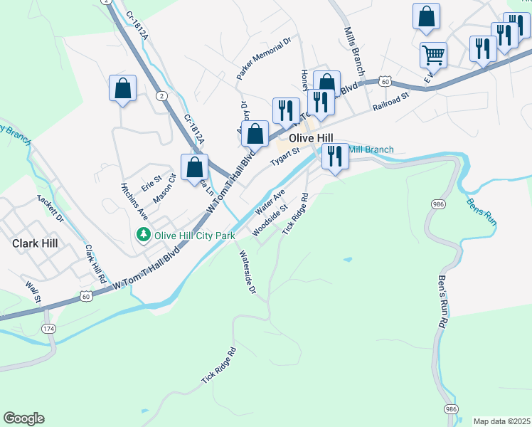 map of restaurants, bars, coffee shops, grocery stores, and more near 621-625 Woodside Street in Olive Hill
