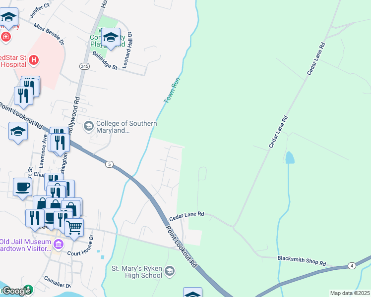 map of restaurants, bars, coffee shops, grocery stores, and more near 41992 Loker Court in Leonardtown