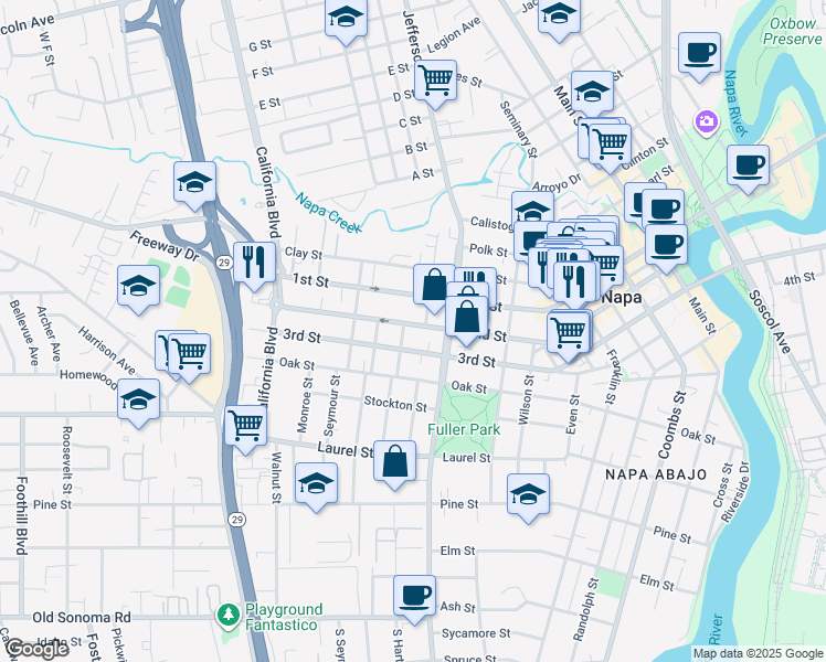 map of restaurants, bars, coffee shops, grocery stores, and more near 1927 2nd Street in Napa