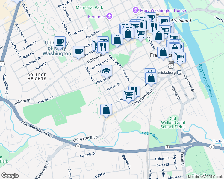 map of restaurants, bars, coffee shops, grocery stores, and more near 608 Littlepage Street in Fredericksburg
