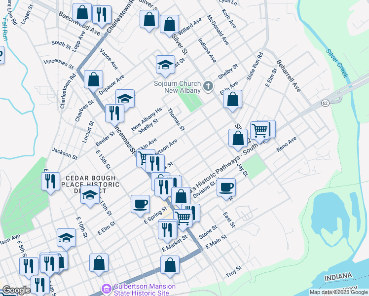 map of restaurants, bars, coffee shops, grocery stores, and more near 1835 East Oak Street in New Albany