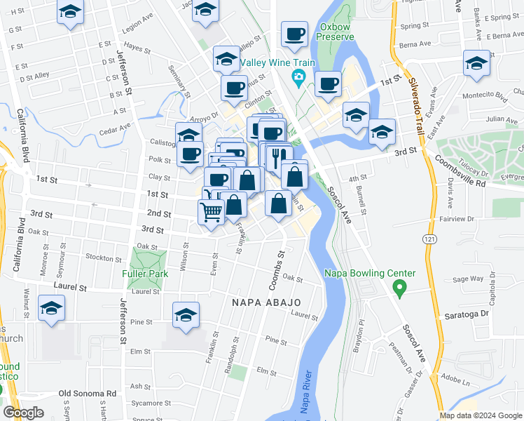 map of restaurants, bars, coffee shops, grocery stores, and more near 725 Coombs St in Napa