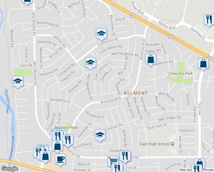 map of restaurants, bars, coffee shops, grocery stores, and more near 7 Macarthur Road in Pueblo