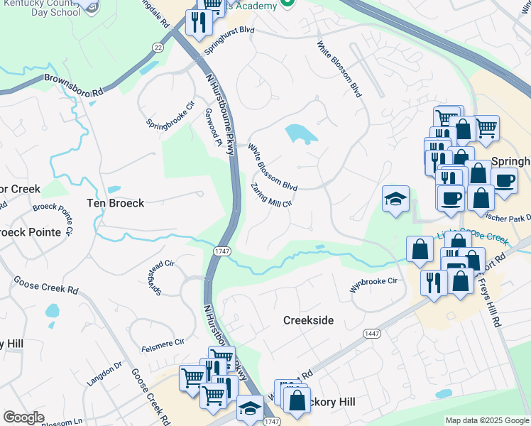 map of restaurants, bars, coffee shops, grocery stores, and more near 9817 Silky Dogwood Court in Louisville