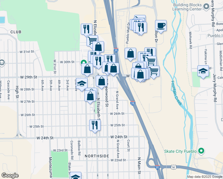 map of restaurants, bars, coffee shops, grocery stores, and more near 414 West 28th Street in Pueblo