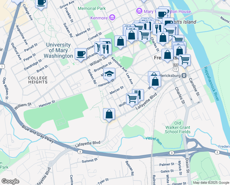 map of restaurants, bars, coffee shops, grocery stores, and more near 608 Littlepage Street in Fredericksburg