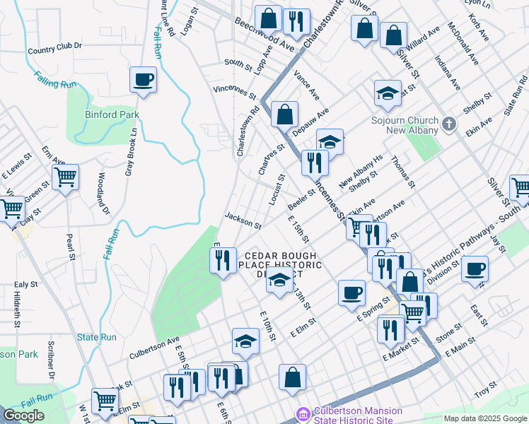 map of restaurants, bars, coffee shops, grocery stores, and more near 1403 Locust Street in New Albany