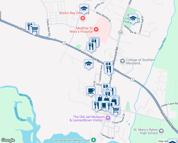 map of restaurants, bars, coffee shops, grocery stores, and more near 22885 Duke Street in Leonardtown