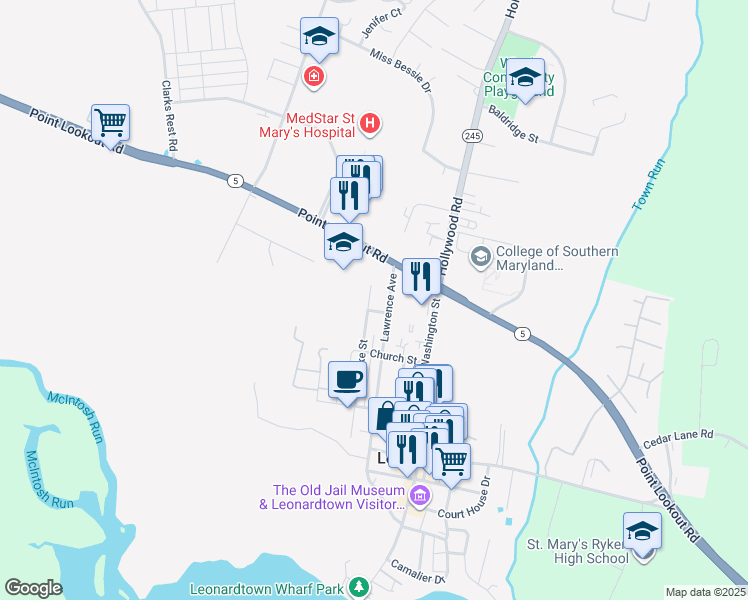 map of restaurants, bars, coffee shops, grocery stores, and more near 22870 Duke Street in Leonardtown