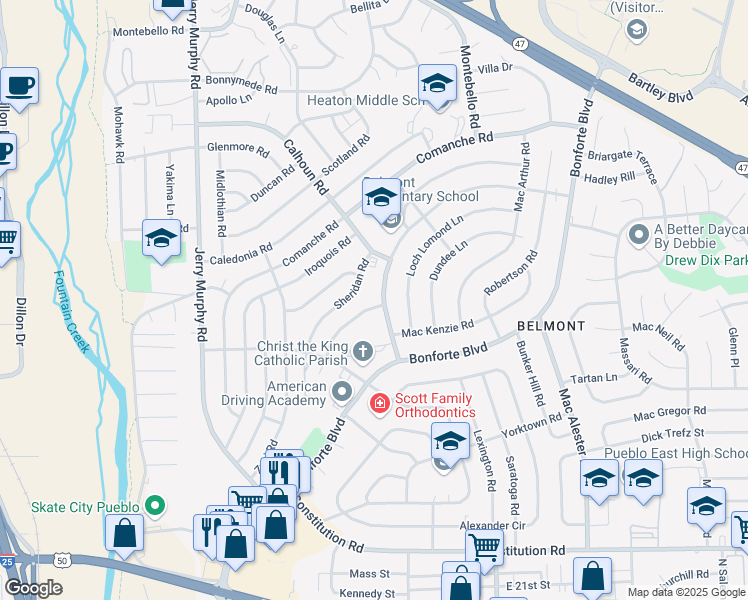 map of restaurants, bars, coffee shops, grocery stores, and more near 1725 Bonny Brae Ln in Pueblo