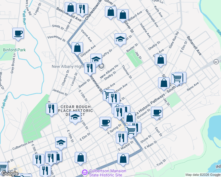 map of restaurants, bars, coffee shops, grocery stores, and more near 1726 Ekin Avenue in New Albany