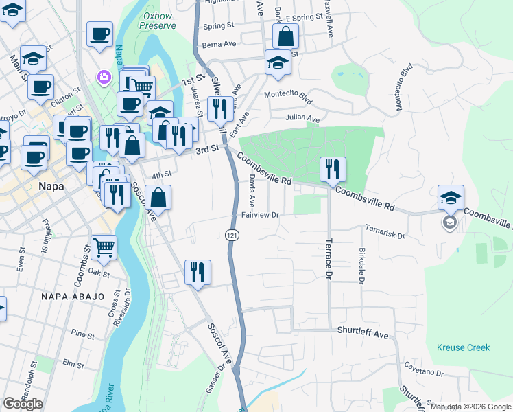 map of restaurants, bars, coffee shops, grocery stores, and more near 10 Davis Avenue in Napa