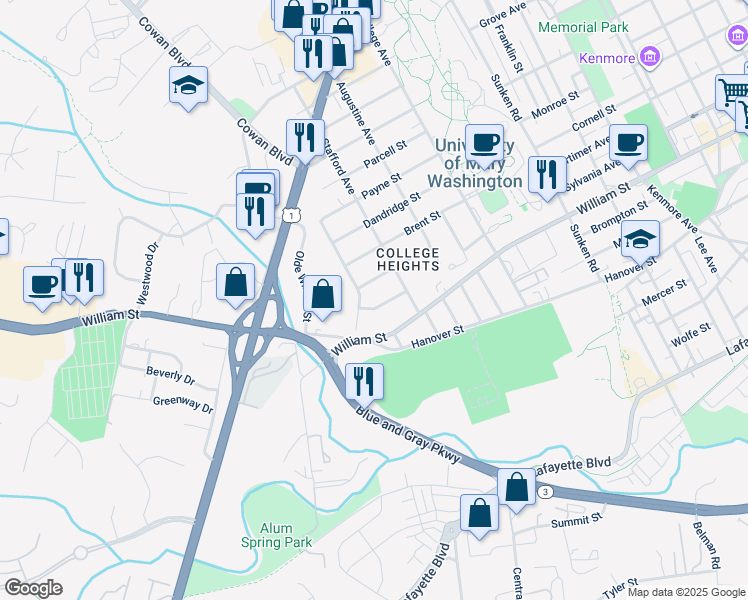 map of restaurants, bars, coffee shops, grocery stores, and more near 1425 Buckner Street in Fredericksburg
