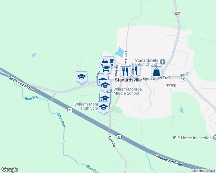map of restaurants, bars, coffee shops, grocery stores, and more near 64 Monroe Drive in Stanardsville
