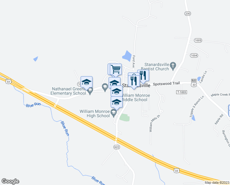 map of restaurants, bars, coffee shops, grocery stores, and more near 64 Monroe Drive in Stanardsville