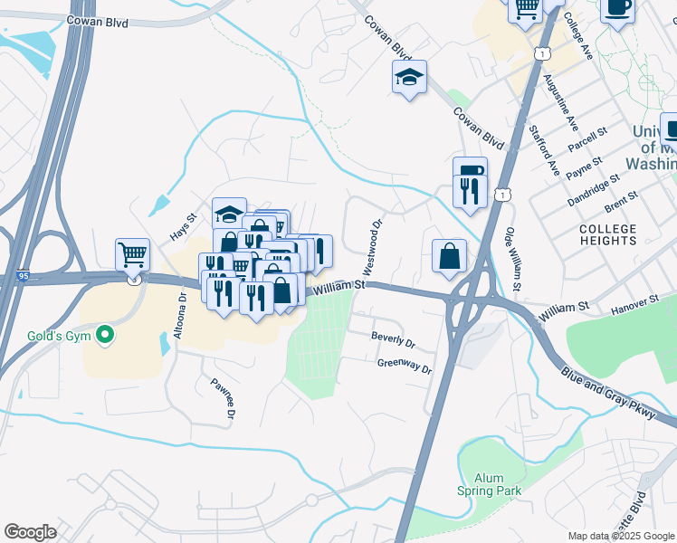 map of restaurants, bars, coffee shops, grocery stores, and more near 1805 William Street in Fredericksburg