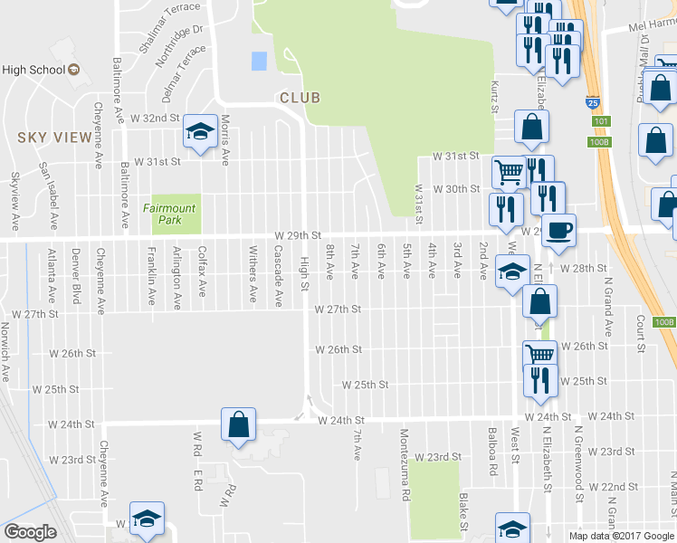 map of restaurants, bars, coffee shops, grocery stores, and more near 1326 West 28th Street in Pueblo