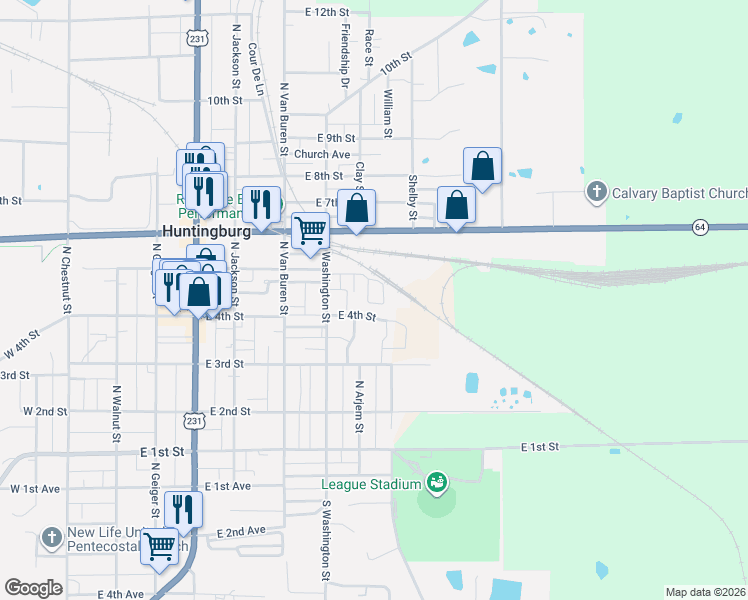 map of restaurants, bars, coffee shops, grocery stores, and more near 400-498 Elm Street in Huntingburg
