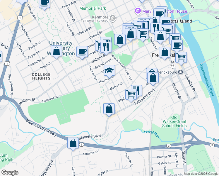 map of restaurants, bars, coffee shops, grocery stores, and more near 913 Mercer Street in Fredericksburg