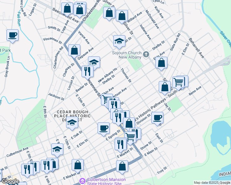 map of restaurants, bars, coffee shops, grocery stores, and more near 1743 Culbertson Avenue in New Albany