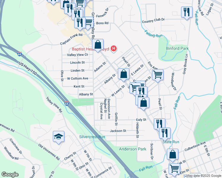 map of restaurants, bars, coffee shops, grocery stores, and more near 1509 Beech Street in New Albany