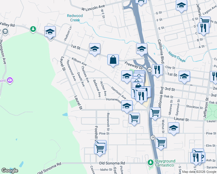 map of restaurants, bars, coffee shops, grocery stores, and more near 48 Archer Avenue in Napa