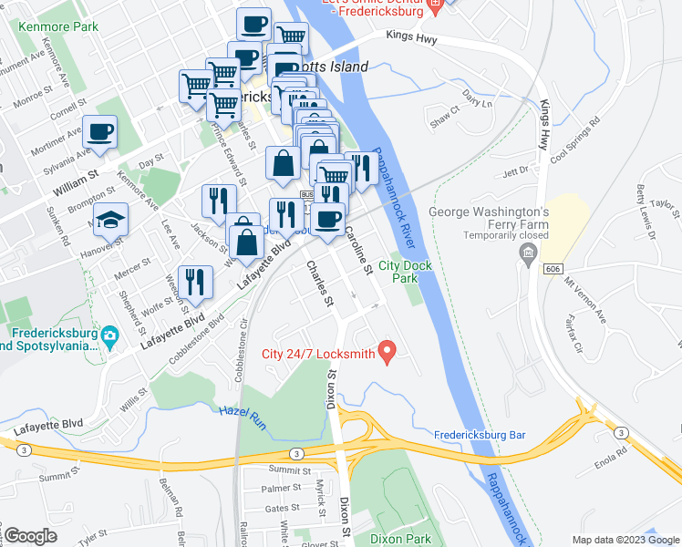 map of restaurants, bars, coffee shops, grocery stores, and more near 309 Princess Elizabeth Street in Fredericksburg
