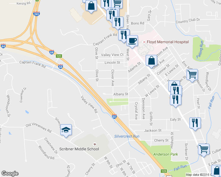 map of restaurants, bars, coffee shops, grocery stores, and more near 705 Kent Street in New Albany