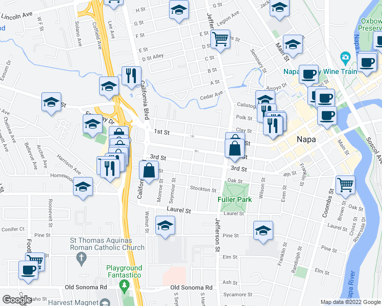 map of restaurants, bars, coffee shops, grocery stores, and more near 2107 2nd Street in Napa